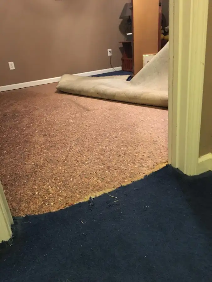 Carpet pad removal revealing water damage during Water Mitigation Services in Barbecue